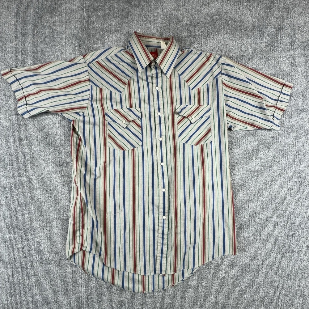 VTG Plains Western Wear Shirt Mens M Striped Pearl Snap Short Sleeve Western